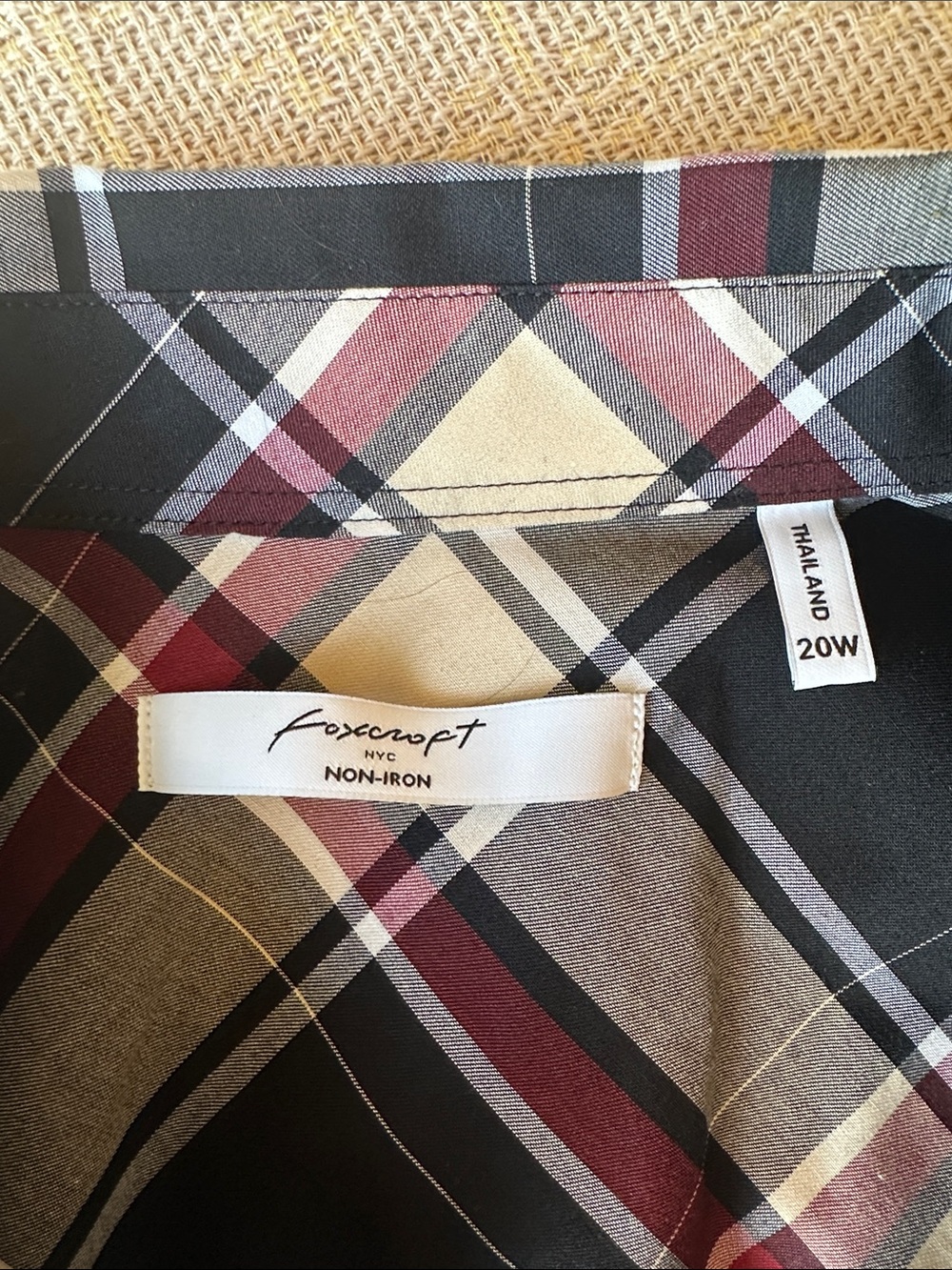 Foxcroft Wrinkle Free Black Tan White & Red Plaid Button-Down Shirt Pristine 20W - Picture 3 of 8